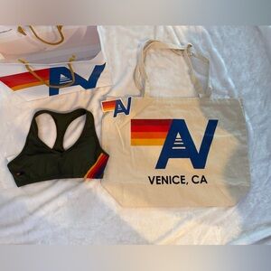 NEW AVIATOR NATION 5 stripe sports bra in Leaf size Small + Tote